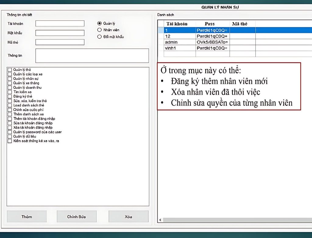 chức năng quản lý nhân sự trên phần mềm TParking