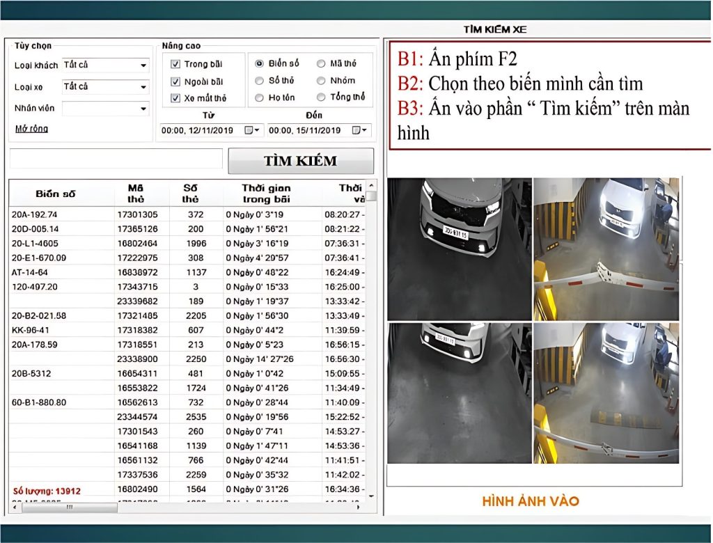 chức năng tìm kiếm thông tin xe trên phần mềm tparking