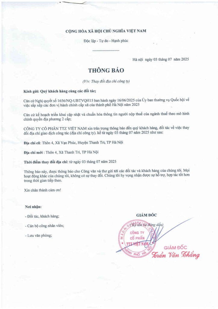 Thông báo thay đổi địa chỉ trụ sở công ty