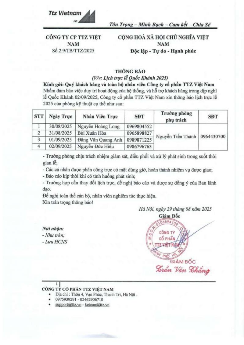lịch trực lễ